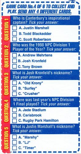 1999 Meadow Fresh Milk South Island Stars of Rugby - Trivia Game #4 Game Card 4 Front